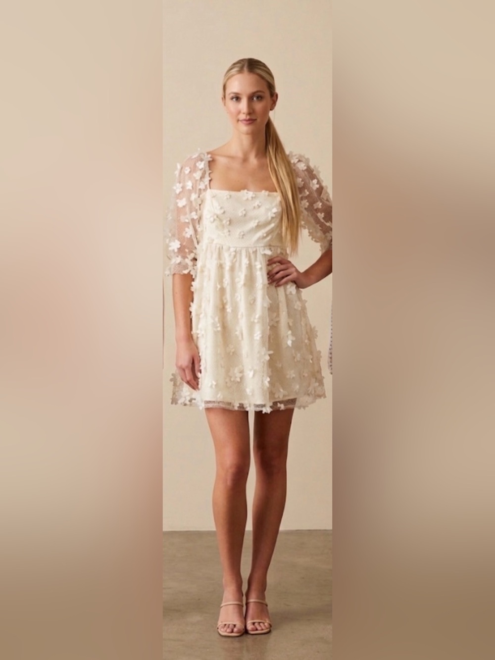 Ivory Floral Appliqué Mini Dress with Sheer Puff Sleeves like new size medium